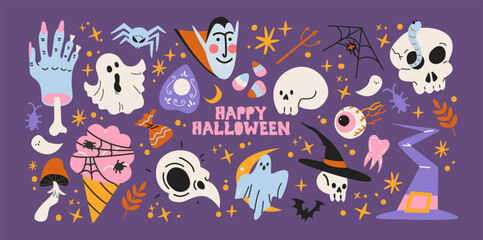 Halloween stickers and scary magic in cartoon style 90s. Vintage witchcraft shapes: skull, pumpkin, witch, ghosts, eye, potion. Spooky scary groovy patches set.