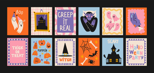 Cartoon retro halloween posters magic and witchcraft. 90s wild magic wall design. Vintage banners: skull, pumpkin, witch, ghosts, eye, potion. Scary groovy placard set