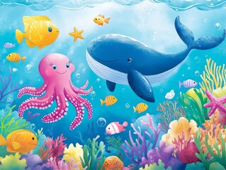 2408 3.Marine life joy: A playful collection of marine creatures swimming joyfully through an underwater world. Bright coral and seaweed surround an expressive octopus, starfish, and a whale gliding