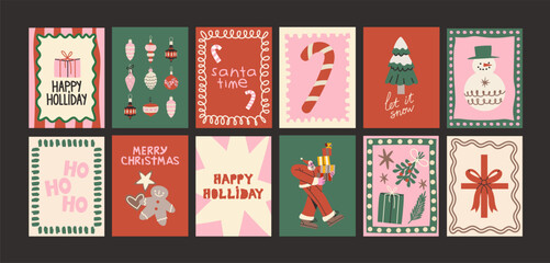 Christmas new year posters in cartoon style. Holiday gifts, santa, christmas tree, coziness. Holiday seasonal vector postcards in retro groovy style. picture for wall and for printing	