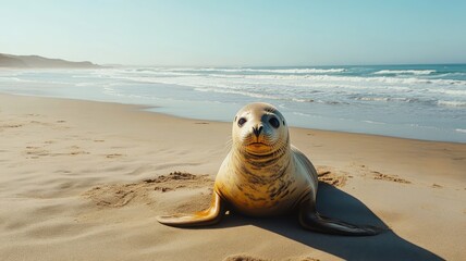 Obraz premium Seal basking on a sunny beach, surrounded by sand and gentle waves, with the ocean stretching into the horizon.