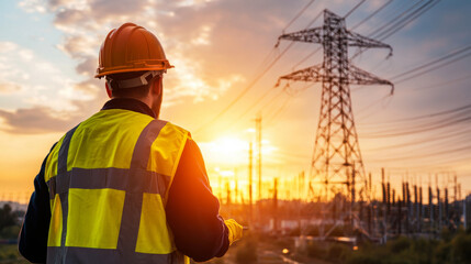 Worker observing power lines at sunset.