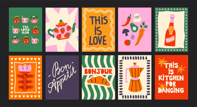 Abstract food posters for the kitchen. Culinary compositions in cartoon trendy style of Matisse. Decor for kitchens, cafes and restaurants. Minimalist banners for wall decor, prints, wallpaper.