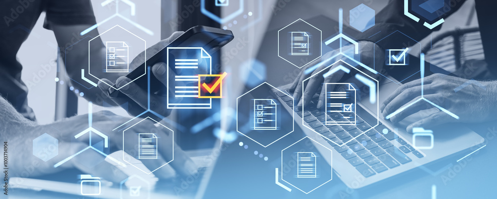 Poster digital security interface displaying document icons with checkmarks. users on devices in the backgr
