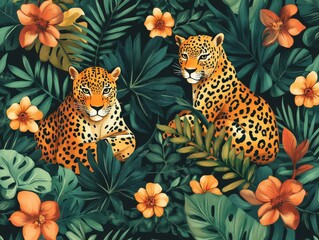 Obraz premium 2408 8.Leopard and tropical foliage seamless print: A jungle-themed pattern with leopards lounging under palm trees surrounded by exotic flowers and leaves. The vibrant hand-drawn wild animals and