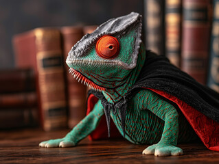 A chameleon wearing vampire cape blends into dark setting, showcasing its vibrant colors and unique texture. scene is enhanced by presence of old books, creating mysterious atmosphere