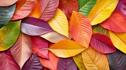 Fototapeta premium Vibrant Autumn Leaves Background Red Orange Yellow Green Purple Foliage Texture