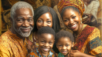 Three generations of an African family share a moment of joy, surrounded by vibrant traditional attire, expressing love and unity through smiles and hugs