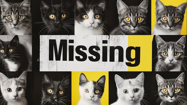 A cat is missing message on a black and white grainy grungy collage with different cats. Lost pets problem.