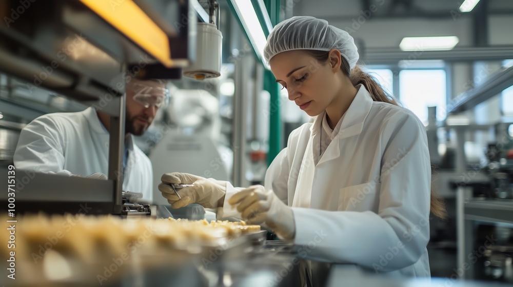 Sticker Quality control inspection at a food processing facility during daytime with workers in lab coats and hairnets handling products