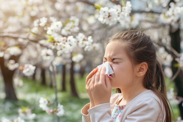Obraz premium Young girl with nose wiper in park among blooming cherry blossom trees. Caucasian female sneezes, surrounded by nature. Seasonal allergy symptoms, health care, medic, medicals, medicine