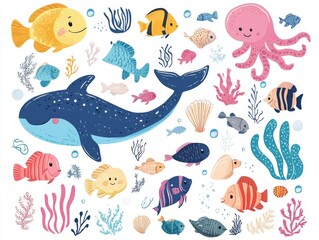2408 11.Cute sea creatures and elements: A whimsical collection of sea animals, including colorful fish, an adorable octopus, a smiling whale, and various shells and seaweed, all arranged on a white