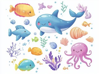 Fototapeta premium 2408 11.Cute sea creatures and elements: A whimsical collection of sea animals, including colorful fish, an adorable octopus, a smiling whale, and various shells and seaweed, all arranged on a white