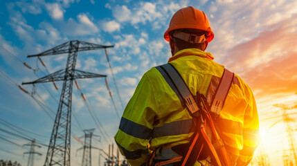 Worker observing power lines at sunset