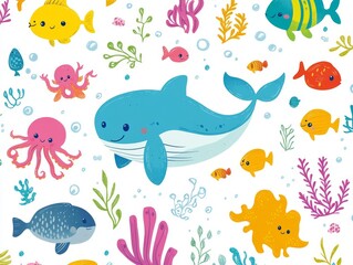Obraz premium 2408 14.Marine life set with white backdrop: A fun and cheerful design featuring cute sea animals such as a whale, octopus, fish, and sea plants on a white background. The colorful and cartoonish