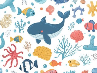 Naklejka premium 2408 15.Adorable sea creatures on white: A sweet collection of fish, an octopus, a whale, and shells, all illustrated in a colorful, cartoonish style. Set on a white background, the playful sea