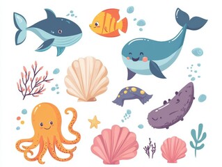 2408 15.Adorable sea creatures on white: A sweet collection of fish, an octopus, a whale, and shells, all illustrated in a colorful, cartoonish style. Set on a white background, the playful sea
