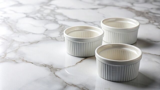 White ramekins on marble counter for baking