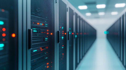High tech server room with illuminated circuit backups and power systems, showcasing advanced technology and data storage solutions