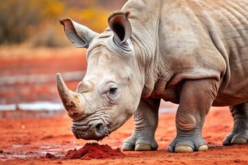 Fototapeta premium White rhino calf playing with red mud on snout