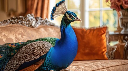 A peacock in a luxurious room, surrounded by rich curtains and elegant furnishings.