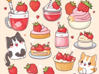 2408 23.Sweet cats and desserts: A charming collection of little cats with strawberry-themed desserts, milkshakes, and fruit treats. The kawaii design style and bright, cheerful colors make this set