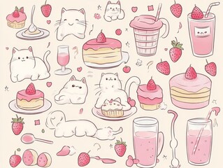 2408 24.Kawaii cats with desserts and drinks: A playful set of cute cats surrounded by strawberry milk, cakes, and other sweets. The kawaii style and soft pastel color scheme create a fun and
