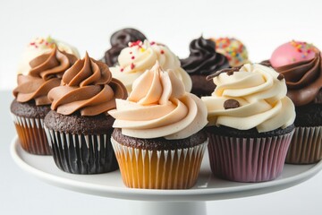 Close-up of assorted colorful sweet cupcakes on white cake stand. Various tasty treats arranged on pedestal, isolated background. Creamy frosting, decorations, sprinkles add visual interest. Perfect