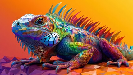 Obraz premium An iguana in a stylized 3D illustration, featuring modern geometric shapes and bright, vivid colors.