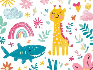 2408 31.A vibrant kids' drawing illustration set, featuring hand-drawn animals like a giraffe, crocodile, and shark. The colorful doodles include playful rainbows, flowers, and clouds, all created
