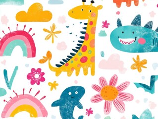 2408 31.A vibrant kids' drawing illustration set, featuring hand-drawn animals like a giraffe, crocodile, and shark. The colorful doodles include playful rainbows, flowers, and clouds, all created