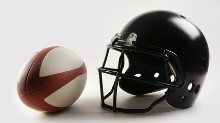 Fototapeta premium Rugby ball on white background, close-up of leather ball with laces. Helmet nearby, isolated object on plain white. Equipment for rugby sport, protective gear for athletes.