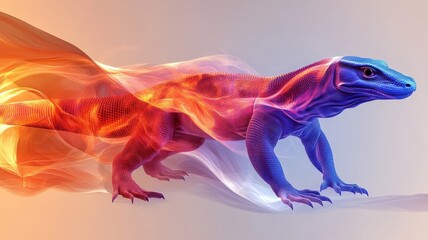 A Komodo dragon depicted in Morphism style, with smooth gradients and abstract shapes emphasizing its powerful body.