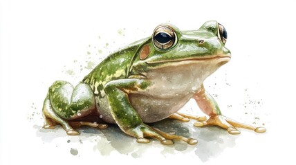 Fototapeta premium A frog illustrated in watercolor style, capturing its vibrant green hues and delicate features in soft, blended tones.