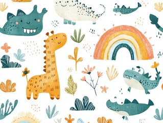 Obraz premium 2408 34.A wax crayon doodle set of children's drawings, featuring cute cartoon animals like giraffes, crocodiles, and sharks, surrounded by bright rainbows and playful flowers. The charming naive