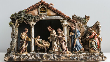 Fototapeta premium Nativity Scene with the Holy Family in Stable, Birth of Christ with Baby Jesus, Mary, Joseph, and Shepherds