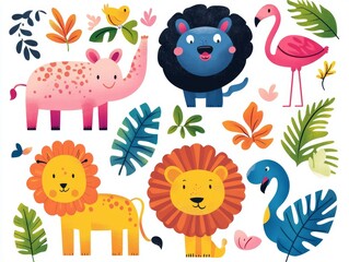 Naklejka premium 2408 36.A vibrant set of savannah animals in a flat children's illustration style, featuring a playful rhinoceros, a curious lemur, a proud lion, a flamboyant flamingo, and colorful tropical leaves.