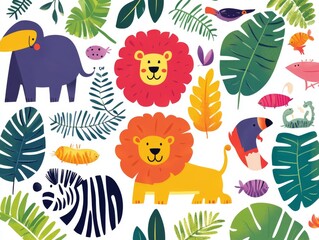 Fototapeta premium 2408 37.A colorful collection of flat-style savannah animals, including a lion, lemur, rhino, toucan, and zebra, surrounded by tropical leaves. The playful, childlike design captures the charm of