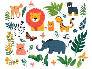 Obraz premium 2408 39.A lively set of flat vector illustrations of savannah animals like lions, rhinos, lemurs, and tigers, surrounded by tropical plants. The bright, cheerful design is ideal for children's