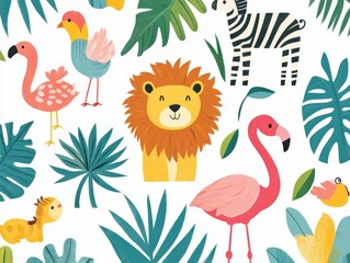 Obraz premium 2408 40.A playful collection of flat-style savannah animals including a lion, parrot, flamingo, and zebra, with colorful tropical leaves. The simple, charming design captures the essence of the