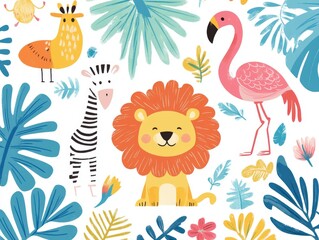 Obraz premium 2408 40.A playful collection of flat-style savannah animals including a lion, parrot, flamingo, and zebra, with colorful tropical leaves. The simple, charming design captures the essence of the