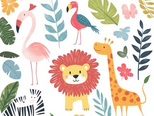 2408 40.A playful collection of flat-style savannah animals including a lion, parrot, flamingo, and zebra, with colorful tropical leaves. The simple, charming design captures the essence of the