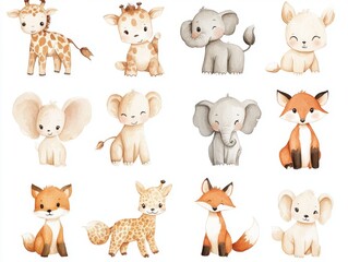 2408 42.A charming set of baby animals on a white background, including baby giraffes, elephants, and foxes, all depicted in a soft, playful style. Ideal for children's products, nursery decor, or