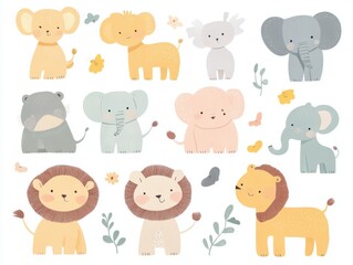 Fototapeta premium 2408 44.A collection of baby animals in a soft, pastel illustration style, including elephants, lions, and bears, set against a white background. Perfect for childrenâ€™s products, baby clothing