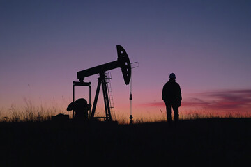 Naklejka premium A worker stands silhouetted against the twilight sky, watching an oil pumpjack operate in a rural field, showcasing energy extraction and labor in action.
