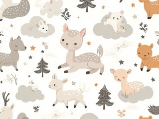 2408 52.A seamless pattern showcasing adorable baby animals like kittens, puppies, lambs, and baby deer, surrounded by elements like clouds, stars, and small trees. The design uses a soft color