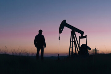 Naklejka premium A worker stands silhouetted against the twilight sky, watching an oil pumpjack operate in a rural field, showcasing energy extraction and labor in action.