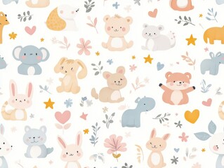 2408 51.A seamless pattern featuring cute baby animals such as bunnies, bears, elephants, and foxes, all illustrated in a soft pastel color palette. The animals are arranged in a playful, repetitive