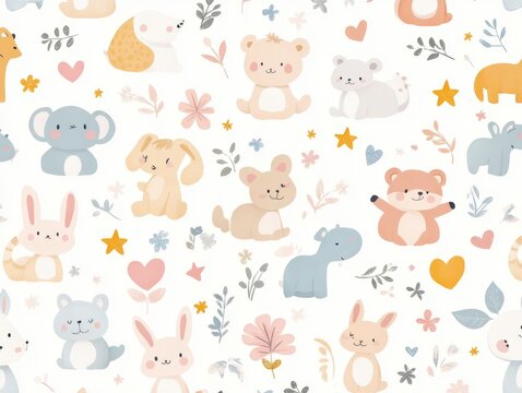 2408 51.A seamless pattern featuring cute baby animals such as bunnies, bears, elephants, and foxes, all illustrated in a soft pastel color palette. The animals are arranged in a playful, repetitive