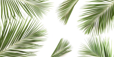 Obraz premium Close-up of green coconut palm leaves isolated on white background. Delicate, exotic, and rich foliage. Multiple palm leaves with feathered texture and bright green color.